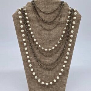 Layered Pearl & Chain Statement Necklace Multi-Strand Gold-Tone Metal Womens
